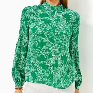 Lilly Pulitzer 100% Silk Witaker Fiddle Leaf Green Safari Party Blouse Size XS
